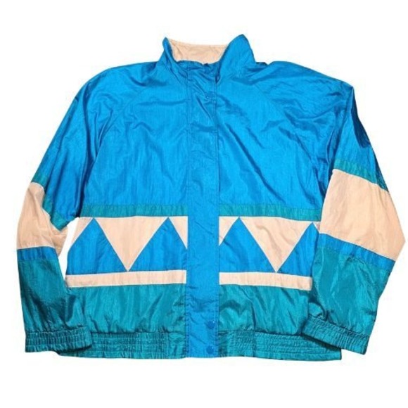 Great Lakes Recreation Jackets & Blazers - Vintage 80s Colorblock Windbreaker Jacket Teal Green Geometric Retro Grandmacore